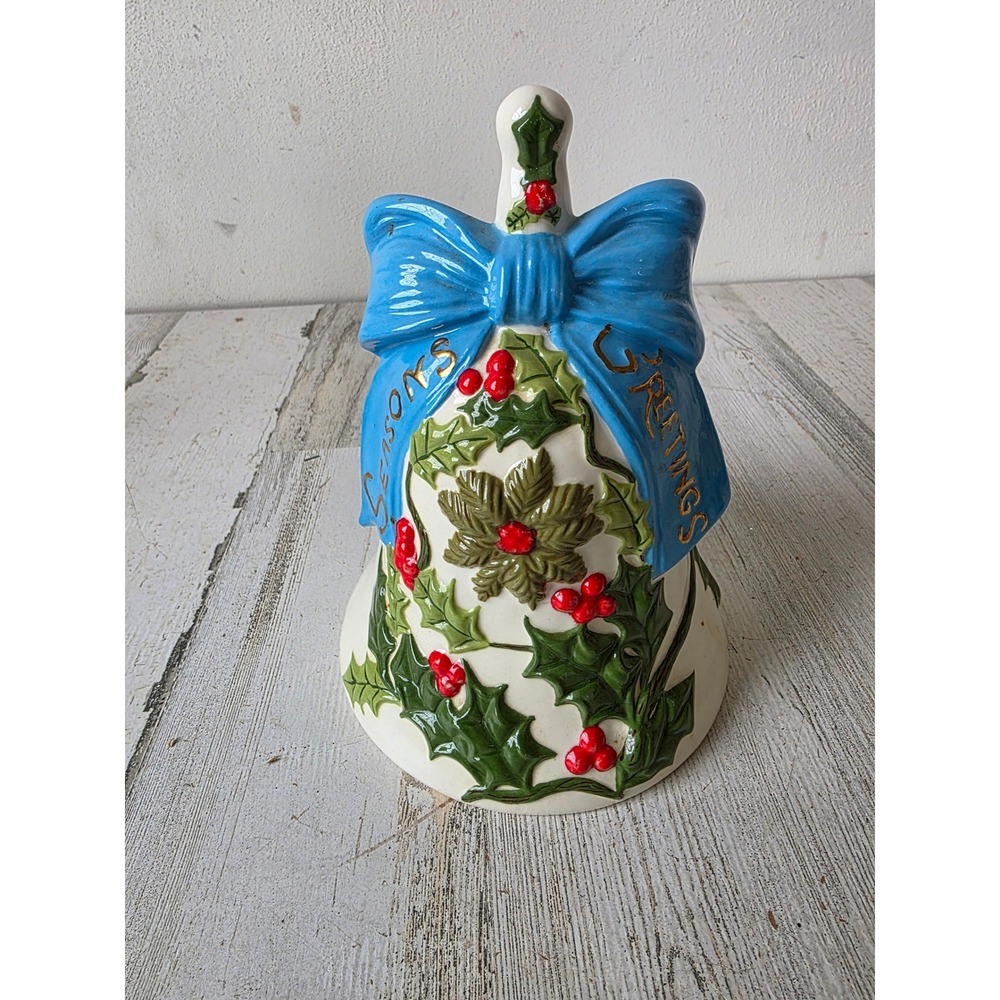 Vintage ceramic Bell Holly Xmas decor bow blue